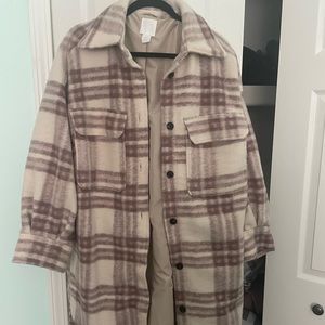 Tan & Brown Plaid Oversized Wool Blend Shacket - M